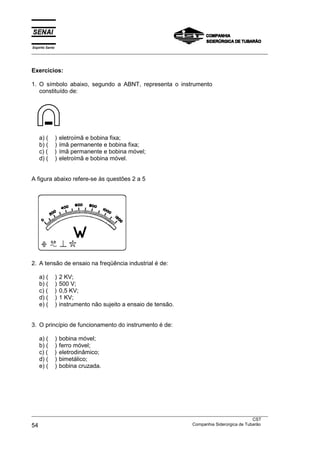 Espírito Santo
___________________________________________________________________________________________________
___________________________________________________________________________________________________
CST
54 Companhia Siderúrgica de Tubarão
Exercícios:
1. O símbolo abaixo, segundo a ABNT, representa o instrumento
constituído de:
a) ( ) eletroímã e bobina fixa;
b) ( ) ímã permanente e bobina fixa;
c) ( ) ímã permanente e bobina móvel;
d) ( ) eletroímã e bobina móvel.
A figura abaixo refere-se às questões 2 a 5
2. A tensão de ensaio na freqüência industrial é de:
a) ( ) 2 KV;
b) ( ) 500 V;
c) ( ) 0,5 KV;
d) ( ) 1 KV;
e) ( ) instrumento não sujeito a ensaio de tensão.
3. O princípio de funcionamento do instrumento é de:
a) ( ) bobina móvel;
b) ( ) ferro móvel;
c) ( ) eletrodinâmico;
d) ( ) bimetálico;
e) ( ) bobina cruzada.
 