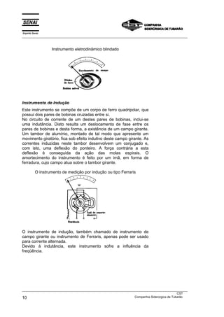 Espírito Santo
___________________________________________________________________________________________________
___________________________________________________________________________________________________
CST
10 Companhia Siderúrgica de Tubarão
Instrumento eletrodinâmico blindado
Instrumento de Indução
Este instrumento se compõe de um corpo de ferro quadripolar, que
possui dois pares de bobinas cruzadas entre si.
No circuito de corrente de um destes pares de bobinas, inclui-se
uma indutância. Disto resulta um deslocamento de fase entre os
pares de bobinas e desta forma, a existência de um campo girante.
Um tambor de alumínio, montado de tal modo que apresente um
movimento giratório, fica sob efeito indutivo deste campo girante. As
correntes induzidas neste tambor desenvolvem um conjugado e,
com isto, uma deflexão do ponteiro. A força contrária a esta
deflexão é conseguida da ação das molas espirais. O
amortecimento do instrumento é feito por um imã, em forma de
ferradura, cujo campo atua sobre o tambor girante.
O instrumento de medição por indução ou tipo Ferraris
O instrumento de indução, também chamado de instrumento de
campo girante ou instrumento de Ferraris, apenas pode ser usado
para corrente alternada.
Devido à indutância, este instrumento sofre a influência da
freqüência.
 