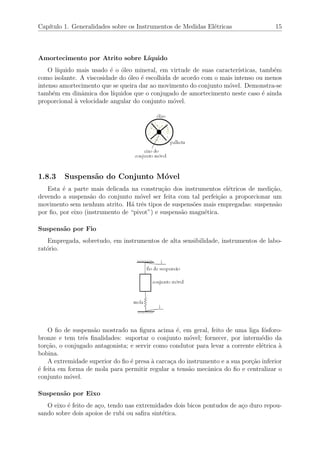 Cap´ıtulo 1. Generalidades sobre os Instrumentos de Medidas El´etricas 15
Amortecimento por Atrito sobre L´ıquido
O l´ıquido mais usado ´e o ´oleo mineral, em virtude de suas caracter´ısticas, tamb´em
como isolante. A viscosidade do ´oleo ´e escolhida de acordo com o mais intenso ou menos
intenso amortecimento que se queira dar ao movimento do conjunto m´ovel. Demonstra-se
tamb´em em dinˆamica dos l´ıquidos que o conjugado de amortecimento neste caso ´e ainda
proporcional `a velocidade angular do conjunto m´ovel.
1.8.3 Suspens˜ao do Conjunto M´ovel
Esta ´e a parte mais delicada na constru¸c˜ao dos instrumentos el´etricos de medi¸c˜ao,
devendo a suspens˜ao do conjunto m´ovel ser feita com tal perfei¸c˜ao a proporcionar um
movimento sem nenhum atrito. H´a trˆes tipos de suspens˜oes mais empregadas: suspens˜ao
por ﬁo, por eixo (instrumento de “pivot”) e suspens˜ao magn´etica.
Suspens˜ao por Fio
Empregada, sobretudo, em instrumentos de alta sensibilidade, instrumentos de labo-
rat´orio.
O ﬁo de suspens˜ao mostrado na ﬁgura acima ´e, em geral, feito de uma liga f´osforo-
bronze e tem trˆes ﬁnalidades: suportar o conjunto m´ovel; fornecer, por interm´edio da
tor¸c˜ao, o conjugado antagonista; e servir como condutor para levar a corrente el´etrica `a
bobina.
A extremidade superior do ﬁo ´e presa `a carca¸ca do instrumento e a sua por¸c˜ao inferior
´e feita em forma de mola para permitir regular a tens˜ao mecˆanica do ﬁo e centralizar o
conjunto m´ovel.
Suspens˜ao por Eixo
O eixo ´e feito de a¸co, tendo nas extremidades dois bicos pontudos de a¸co duro repou-
sando sobre dois apoios de rubi ou saﬁra sint´etica.
 