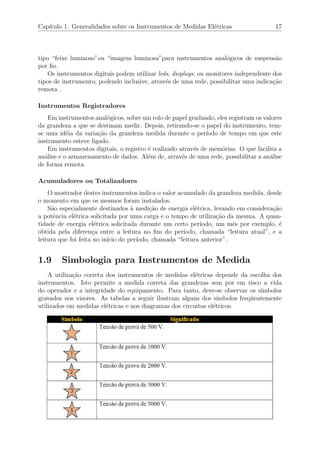 Cap´ıtulo 1. Generalidades sobre os Instrumentos de Medidas El´etricas 17
tipo “feixe luminoso”ou “imagem luminosa”para instrumentos anal´ogicos de suspens˜ao
por ﬁo.
Os instrumentos digitais podem utilizar leds, displays, ou monitores independente dos
tipos de instrumento; podendo inclusive, atrav´es de uma rede, possibilitar uma indica¸c˜ao
remota .
Instrumentos Registradores
Em instrumentos anal´ogicos, sobre um rolo de papel graduado, eles registram os valores
da grandeza a que se destinam medir. Depois, retirando-se o papel do instrumento, tem-
se uma id´eia da varia¸c˜ao da grandeza medida durante o per´ıodo de tempo em que este
instrumento esteve ligado.
Em instrumentos digitais, o registro ´e realizado atrav´es de mem´orias. O que facilita a
an´alise e o armazenamento de dados. Al´em de, atrav´es de uma rede, possibilitar a an´alise
de forma remota.
Acumuladores ou Totalizadores
O mostrador destes instrumentos indica o valor acumulado da grandeza medida, desde
o momento em que os mesmos foram instalados.
S˜ao especialmente destinados `a medi¸c˜ao de energia el´etrica, levando em considera¸c˜ao
a potˆencia el´etrica solicitada por uma carga e o tempo de utiliza¸c˜ao da mesma. A quan-
tidade de energia el´etrica solicitada durante um certo per´ıodo, um mˆes por exemplo, ´e
obtida pela diferen¸ca entre a leitura no ﬁm do per´ıodo, chamada “leitura atual”, e a
leitura que foi feita no in´ıcio do per´ıodo, chamada “leitura anterior”.
1.9 Simbologia para Instrumentos de Medida
A utiliza¸c˜ao correta dos instrumentos de medidas el´etricas depende da escolha dos
instrumentos. Isto permite a medida correta das grandezas sem por em risco a vida
do operador e a integridade do equipamento. Para tanto, deve-se observar os s´ımbolos
gravados nos visores. As tabelas a seguir ilustram alguns dos s´ımbolos freq¨uentemente
utilizados em medidas el´etricas e nos diagramas dos circuitos el´etricos.
 
