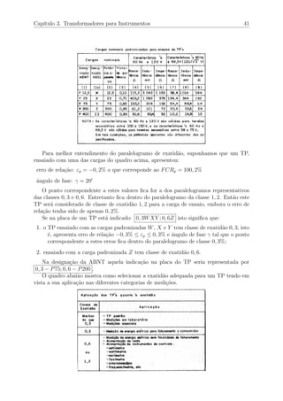 Cap´ıtulo 3. Transformadores para Instrumentos 41
Para melhor entendimento do paralelogramo de exatid˜ao, suponhamos que um TP,
ensaiado com uma das cargas do quadro acima, apresentou:
erro de rela¸c˜ao: εp = −0, 2% o que corresponde ao FCRp = 100, 2%
ˆangulo de fase: γ = 20
O ponto correspondente a estes valores ﬁca for a dos paralelogramos representativos
das classes 0, 3 e 0, 6. Entretanto ﬁca dentro do paralelogramo da classe 1, 2. Ent˜ao este
TP ser´a considerado de classe de exatid˜ao 1, 2 para a carga de ensaio, embora o erro de
rela¸c˜ao tenha sido de apenas 0, 2%.
Se na placa de um TP est´a indicado: 0, 3WXY ; 0, 6Z isto signiﬁca que:
1. o TP ensaiado com as cargas padronizadas W, X e Y tem classe de exatid˜ao 0, 3, isto
´e, apresenta erro de rela¸c˜ao −0, 3% ≤ εp ≤ 0, 3% e ˆangulo de fase γ tal que o ponto
correspondente a estes erros ﬁca dentro do paralelogramo de classe 0, 3%;
2. ensaiado com a carga padronizada Z tem classe de exatid˜ao 0, 6.
Na designa¸c˜ao da ABNT aquela indica¸c˜ao na placa do TP seria representada por
0, 3 − P75; 0, 6 − P200 .
O quadro abaixo mostra como selecionar a exatid˜ao adequada para um TP tendo em
vista a sua aplica¸c˜ao nas diferentes categorias de medi¸c˜oes.
 