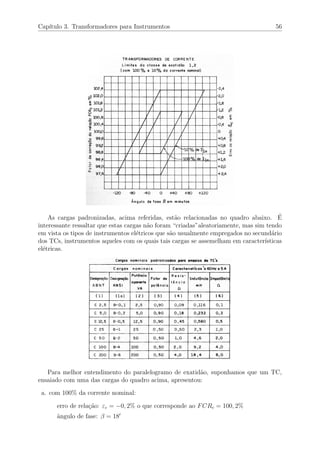 Cap´ıtulo 3. Transformadores para Instrumentos 56
As cargas padronizadas, acima referidas, est˜ao relacionadas no quadro abaixo. ´E
interessante ressaltar que estas cargas n˜ao foram “criadas”aleatoriamente, mas sim tendo
em vista os tipos de instrumentos el´etricos que s˜ao usualmente empregados no secund´ario
dos TCs, instrumentos aqueles com os quais tais cargas se assemelham em caracter´ısticas
el´etricas.
Para melhor entendimento do paralelogramo de exatid˜ao, suponhamos que um TC,
ensaiado com uma das cargas do quadro acima, apresentou:
a. com 100% da corrente nominal:
erro de rela¸c˜ao: εc = −0, 2% o que corresponde ao FCRc = 100, 2%
ˆangulo de fase: β = 18
 