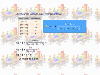 Obtengamos la moda en el ejemploanterior:
16−0
Mo = 8 +
(16−0)∙(16−12)
∙4
16
Mo = 8 +
(16)∙(4)
∙4
Mo = 8 + 1 = 9
La moda es 9 años.
 