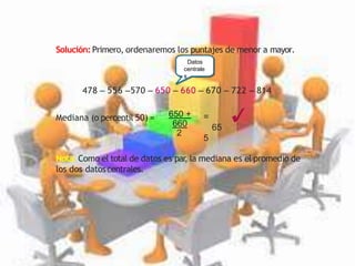 Solución: Primero, ordenaremos los puntajes de menor a mayor.
478 – 556 –570 – 650 – 660 – 670 – 722 – 814
Mediana (o percentil 50) =
Nota: Como el total de datos es par
, la mediana es el promedio de
los dos datoscentrales.
650 +
660
2
=
65
5
Datos
centrale
s
 
