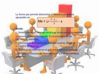 La forma que permite determinar la mediana paradatos
agrupados es:
Donde:
Li: límite inferior del intervalo en el cual seencuentra la mediana.
n: número de datos del estudio. Es la sumatoria de las
frecuencias absolutas.
Fi-1: frecuencia acumulada del intervalo anterior al quese
encuentra la mediana.
Ai: amplitud del intervalo en el que seencuentra la mediana.
fi:frecuencia absoluta del intervalo en el que se encuentrala
mediana.
Me = 𝐿
𝑖+ 2
𝑛
− 𝐹𝑖−1
𝑓
𝑖
∙ 𝐴
𝑖
 