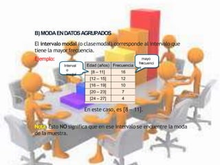 B)MODAENDATOSAGRUPADOS
El intervalo modal (o clasemodal) corresponde al intervalo que
tiene la mayor frecuencia.
Ejemplo:
En este caso, es [8 – 11].
Nota: Esto NO significa que en ese intervalo se encuentre la moda
de la muestra.
Interval
o
modal
mayo
r
frecuenci
a
 