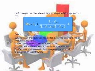 La forma que permite determinar la moda para datos agrupados
es:
Donde:
Li Extremo inferior delintervalo modal (intervalo que tienemayor
frecuencia absoluta).
fi Frecuencia absoluta del intervalomodal.
fi-1 Frecuencia absoluta del intervalo anterior almodal.
fi+1 Frecuencia absoluta del intervalo posterior almodal.
ti Amplitud de los intervalos.
 