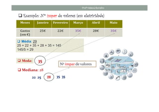 Profª Helena Borralho


                                    eletricidade)
   Exemplo: Nº ímpar de valores (em eletricidade)




   Média: 29
25 + 22 + 35 + 28 + 35 = 145
145/5 = 29


   Moda:      35
                           Nº ímpar de valores
   Mediana: 28
           22 25   28    35 35
 
