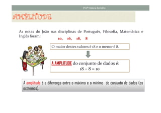 Profª Helena Borralho




As notas do João nas disciplinas de Português, Filosofia, Matemática e
Inglês foram:
                     10, 16, 18, 8

                   O maior destes valores é 18 e o menor é 8.



                   A AMPLITUDE do conjunto de dados é:
                                   18 – 8 = 10


  A amplitude é a diferença entre o máximo e o mínimo do conjunto de dados (os
  extremos).
 