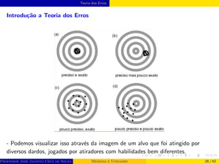 Teoria dos Erros
Introdução a Teoria dos Erros
- Podemos visualizar isso através da imagem de um alvo que foi atingido por
diversos dardos, jogados por atiradores com habilidades bem diferentes.
Professor José Jacinto Cruz de Souza (Centro Universitário de João Pessoa - UNIPÊ Departamento de Engenharia Civil - Elétric
Medidas e Unidades 28 / 43
 