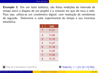 Teoria dos Erros
Exemplo 1: Em um teste balı́stico, são feitas medições do intervalo de
tempo entre o disparo de um projétil e o instante em que ele toca o solo.
Para isso, utiliza-se um cronômetro digital, com resolução de centésimos
de segundo. Determine o valor experimental do tempo e sua incerteza
estatı́stica.
Uso de Calculadora Cientı́fica. ○ Gabarito: t = (11, 21 ± 0, 03)s.
Professor José Jacinto Cruz de Souza (Centro Universitário de João Pessoa - UNIPÊ Departamento de Engenharia Civil - Elétric
Medidas e Unidades 34 / 43
 