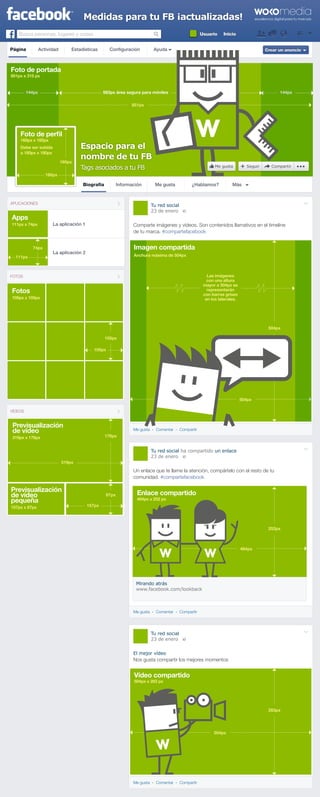 Medidas para tu FB ¡actualizadas! 
Busca personas, lugares y cosas Ussuuaarriioo IIniicciioo 
Página Actividad Estadísticas Configuración Ayuda Crreeaarr uunn aannuunncciioo 
144px 563px área segura para móviles 144px 
Espacio Biografía Información 
nombre Tags asociados Foto de perfil 
160px x 160px 
Debe ser subida 
a 180px x 180px 
La aplicación 1 
La aplicación 2 
144px 563px área Espacio Me gusta ¿Hablamos? Más 
APLICACIONES 
Tu red social 
23 de enero 
Comparte imágenes y vídeos. Son contenidos llamativos en el timeline 
de tu marca. #compartefacebook 
Mee gguussttaa CCoomeennttaarr CCoomppaarrttiirr 
Tu red social ha compartido un enlace 
23 de enero 
504px 
Un enlace que te llame la atención, compártelo con el resto de tu 
comunidad. #compartefacebook 
Mirando atrás 
www.facebook.com/lookback 
Mee gguussttaa CCoomeennttaarr CCoomppaarrttiirr 
Tu red social 
23 de enero 
El mejor vídeo 
Nos gusta compartir los mejores momentos 
Mee gguussttaa CCoomeennttaarr CCoomppaarrttiirr 
Foto de portada 
851px x 315 px 
Apps 
111px x 74px 
FOTOS 
Fotos 
105px x 105px 
VÍDEOS 
Previsualización 
de vídeo 
319px x 176px 
Previsualización 
de vídeo 
pequeña 
157px x 87px 
Imagen compartida 
Anchura máxima de 504px 
Enlace compartido 
484px x 252 px 
Vídeo compartido 
504px x 283 px 
504px 
252px 
283px 
74px 
105px 
105px 
176px 
87px 
160px 
160px 
111px 
157px 
319px 
504px 
851px 
484px 
Las imágenes 
con una altura 
mayor a 504px se 
representarán 
con barras grises 
en los laterales. 
Biografía 
Foto de portada 
851px x 315 px 
Foto de perfil 
160px x 160px 
Debe ser subida 
a 180px x 180px 
160px 
160px 
para el 
nombre de tu FB 
Tags asociados a tu FB 
MMee gguussttaa SSeegguuiirr CCoomppaarrttiirr 

