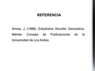 REFERENCIA
Armas, J. (1988). Estadística Sencilla: Descriptiva. Mérida:
Consejo de Publicaciones de la Universidad de Los Andes.
 