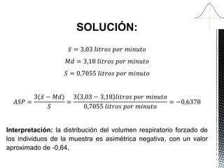 SOLUCIÓN:
𝑥 = 3,03 𝑙𝑖𝑡𝑟𝑜𝑠 𝑝𝑜𝑟 𝑚𝑖𝑛𝑢𝑡𝑜
𝑀𝑑 = 3,18 𝑙𝑖𝑡𝑟𝑜𝑠 𝑝𝑜𝑟 𝑚𝑖𝑛𝑢𝑡𝑜
𝑆 = 0,7055 𝑙𝑖𝑡𝑟𝑜𝑠 𝑝𝑜𝑟 𝑚𝑖𝑛𝑢𝑡𝑜
𝐴𝑆𝑃 =
3(𝑥 − 𝑀𝑑)
𝑆
=
3 3,03 − 3,18 𝑙𝑖𝑡𝑟𝑜𝑠 𝑝𝑜𝑟 𝑚𝑖𝑛𝑢𝑡𝑜
0,7055 𝑙𝑖𝑡𝑟𝑜𝑠 𝑝𝑜𝑟 𝑚𝑖𝑛𝑢𝑡𝑜
= −0,6378
Interpretación: la distribución del volumen respiratorio forzado de
los individuos de la muestra es asimétrica negativa, con un valor
aproximado de -0,64.
 