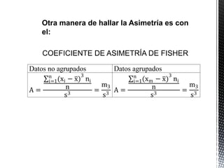COEFICIENTE DE ASIMETRÍA DE FISHER
Datos no agrupados Datos agrupados
A =
(xi − x)n
i=1
3
ni
n
s3
=
m3
s3
A =
(xm − x)n
i=1
3
ni
n
s3
=
m3
s3
Otra manera de hallar la Asimetría es con el:
 