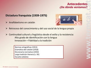 © TERMCAT, Centre de Terminologia
www.termcat.cat
Dictadura franquista (1939-1975)
Antecedentes
¿De dónde veníamos?
 Anal...