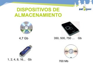 DISPOSITIVOS DE
     ALMACENAMIENTO



         4,7 Gb        350, 500, 750 …   Gb




1, 2, 4, 8, 16... Gb
                          700 Mb
 