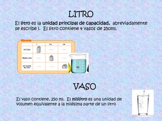 LITROEl litro es la unidad principal de capacidad, abreviadamente se escribe l.  El litro contiene 4 vasos de 250ml. VASOEl vaso contiene, 250 ml.  El mililitro es una unidad de volumen equivalente a la milésima parte de un litro