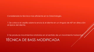 TÉCNICA DE BASS MODIFICADA
Considerada la técnica mas eficiente en la Odontologia.
1: Se coloca el cepillo sobre la encia & el diente en un Angulo de 45º en dirección
al ápice del diente.
2: Se produce movimientos rotatorios en el sentido de un movimiento horizontal.
 