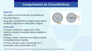 Comprimento da Circunferência
SÃO PAULO-SP. Secretaria da Educação. São Paulo Faz Escola, 2020. Caderno do Aluno, 8º Ano, vol. 2, p. 73, Matemática.
Material
Um objeto com formato de circunferência;
Uma fita métrica.
No grupo, compartilhe os objetos para serem
medidos, seguindo as instruções a seguir:
Instruções
1º Passo: contorne o objeto com a fita
métrica e anote o resultado dessa medida no
caderno;
2º Passo: meça o diâmetro do objeto e anote
o resultado dessa medida;
3º Passo: divida o valor encontrado no 1º
passo pelo valor encontrado no 2º.
 