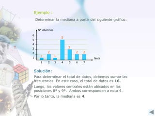 Ejemplo :
Determinar la mediana a partir del siguiente gráfico:
Nota
N° Alumnos
1
2
3
4
1 2 3 4 5 6
5
7
6
Solución:
Para determinar el total de datos, debemos sumar las
frecuencias. En este caso, el total de datos es 16.
Luego, los valores centrales están ubicados en las
posiciones 8ª y 9ª. Ambos corresponden a nota 4.
Por lo tanto, la mediana es 4.
1
2
1
5
3
2 2
 