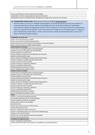 AGRUPAMENTO DE ESCOLAS RAINHA D. LEONOR
2
Apoiar a planificação e desenvolvimento de estratégias
Disponibilizar listas de sequenciação das etapas de uma tarefa
Disponibilizar suporte ao desdobramento dos objetivos de longo prazo em vários de curto prazo
b) ACOMODAÇÕES CURRICULARES- (Alínea b) do Art.º 8º do DL 54/2018) (ao nível do aluno)
Permitem aceder ao currículo e a atividades de aprendizagem, em contexto de sala de aula, através da variedade e da
combinação adequada de diversos métodos e de estratégias de ensino, da utilização de diferentes modalidades e
instrumentos de avaliação, da adaptação de materiais e recursos educativos e da remoção de barreiras na organização do
espaço e do equipamento (por exemplo, “sentar o aluno junto de um colega que sirva de modelo positivo”, “assegurar-se
que as instruções são compreendidas”, “permitir, durante os testes, consulta de apontamentos/notas”, entre outras);
(anexo 13 do Manual de apoio à prática)
Localização em sala de aula
Sentar o aluno de frente para o quadro
Sentar o aluno perto do professor/apresentador
Estar de pé junto ao aluno enquanto dá orientações ou faz apresentações
Sentar o aluno junto de um colega modelo positivo
Apresentação de conteúdos
Facultar pistas visuais/gráficos/pré e pós organizadores
Assegurar-se que as orientações são compreendidas
Facultar exemplos do produto final
Facultar esboços escritos/notas orientadoras/notas impressas
Segmentar apresentações longas
Ensinar através de abordagens multissensoriais/manipulativas
Verificar oralmente a compreensão dos pontos-chave
Escrever os pontos-chave no quadro
Facultar tempo para responder a perguntas
Ensinar o vocabulário previamente
Modelar/demonstrar/simular conceitos
Usar o computador para apoiar o ensino
Tarefas e fichas de trabalho
Facultar pistas visuais/gráficos/pré e pós organizadores
Assegurar-se que as orientações são compreendidas
Facultar exemplo do produto final
Facultar esboços escritos/notas orientadoras/notas impressas
Segmentar apresentações longas
Ensinar através de abordagens multissensoriais/manipulativas
Verificar oralmente a compreensão dos pontos-chave
Escrever os pontos-chave no quadro
Facultar tempo para responder a perguntas
Ensinar o vocabulário previamente
Modelar/demonstrar/simular conceitos
Usar o computador para apoiar o ensino
Testes
Permitir a consulta de apontamentos/notas
Usar preferencialmente itens de escolha múltipla
Permitir respostas através de um gravador
Utilizar testes curtos em vez de longos
Usar Testes orais
Permitir que o aluno escreva na folha do teste
Utilizar tempo extra no teste
Permitir a realização do teste noutro local
Permitir a realização do teste num outro horário (flexibilização)
Facultar o teste noutro formato
Permitir que o aluno responda através de computador
Permitir a transcrição do teste
Competências organizacionais
Treinar competências organizativas
Utilizar um bloco de notas com as tarefas e os trabalhos de casa (planeamento)
 