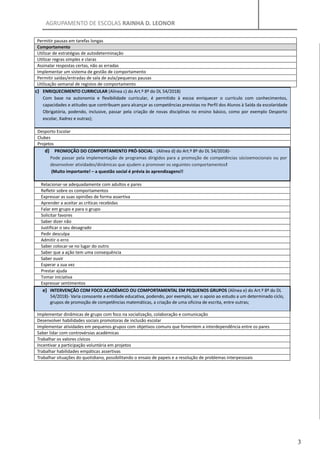AGRUPAMENTO DE ESCOLAS RAINHA D. LEONOR
3
Permitir pausas em tarefas longas
Comportamento
Utilizar de estratégias de autodeterminação
Utilizar regras simples e claras
Assinalar respostas certas, não as erradas
Implementar um sistema de gestão de comportamento
Permitir saídas/entradas de sala de aula/pequenas pausas
Utilização semanal de registos de comportamento
c) ENRIQUECIMENTO CURRICULAR (Alínea c) do Art.º 8º do DL 54/2018)
Com base na autonomia e flexibilidade curricular, é permitido à escoa enriquecer o currículo com conhecimentos,
capacidades e atitudes que contribuam para alcançar as competências previstas no Perfil dos Alunos à Saída da escolaridade
Obrigatória, podendo, inclusive, passar pela criação de novas disciplinas no ensino básico, como por exemplo Desporto
escolar, Xadrez e outras);
Desporto Escolar
Clubes
Projetos
d) PROMOÇÃO DO COMPORTAMENTO PRÓ-SOCIAL - (Alínea d) do Art.º 8º do DL 54/2018)-
Pode passar pela implementação de programas dirigidos para a promoção de competências sócioemocionais ou por
desenvolver atividades/dinâmicas que ajudem a promover os seguintes comportamentos!
(Muito importante! – a questão social é prévia às aprendizagens!!
Relacionar-se adequadamente com adultos e pares
Refletir sobre os comportamentos
Expressar as suas opiniões de forma assertiva
Aprender a aceitar as críticas recebidas
Falar em grupo e para o grupo
Solicitar favores
Saber dizer não
Justificar o seu desagrado
Pedir desculpa
Admitir o erro
Saber colocar-se no lugar do outro
Saber que a ação tem uma consequência
Saber ouvir
Esperar a sua vez
Prestar ajuda
Tomar iniciativa
Expressar sentimentos
e) INTERVENÇÃO COM FOCO ACADÉMICO OU COMPORTAMENTAL EM PEQUENOS GRUPOS (Alínea e) do Art.º 8º do DL
54/2018)- Varia consoante a entidade educativa, podendo, por exemplo, ser o apoio ao estudo a um determinado ciclo,
grupos de promoção de competências matemáticas, a criação de uma oficina de escrita, entre outras;
Implementar dinâmicas de grupo com foco na socialização, colaboração e comunicação
Desenvolver habilidades sociais promotoras de inclusão escolar
Implementar atividades em pequenos grupos com objetivos comuns que fomentem a interdependência entre os pares
Saber lidar com controvérsias académicas
Trabalhar os valores cívicos
Incentivar a participação voluntária em projetos
Trabalhar habilidades empáticas assertivas
Trabalhar situações do quotidiano, possibilitando o ensaio de papeis e a resolução de problemas interpessoais
 