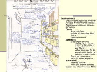 Compartimento: Exclusivo para medidores, revocado y aislado de instalaciones eléctricas. Acceso por circulaciones comunes del edificio. Puerta: Abre hacia fuera. Material incombustible, idem marco. Ventilación inferior. Ventilación: Superior por conducto: 0.0010m2 por medidor. Mínimo 0.08m2 (20cm por 40 cm) Altura de remate 2m de piso de patio, jardín, vía pública con sombrerete. Puerta y compartimento ubicadas en forma opuesta. Iluminación: Artefacto blindado. Interruptor exterior, blindado. Espacio libre al frente mínimo 1.00m 