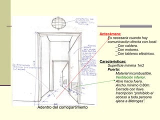 Antecámara: Es necesaria cuando hay comunicación directa con local: _Con caldera. _Con motores. _Con tableros eléctricos. Características: Superficie mínima 1m2 Puerta: Material incombustible. Ventilación inferior. Abre hacia fuera. Ancho mínimo 0.80m. Cerrada con llave. Inscripción “prohibido el acceso a toda persona ajena a Metrogas”. Adentro del comopartimento 