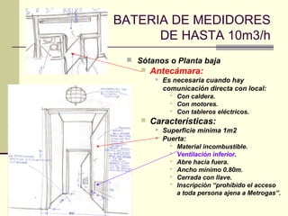BATERIA DE MEDIDORES
      DE HASTA 10m3/h
  Sótanos o Planta baja
       Antecámara:
            Es necesaria cuando hay
             comunicación directa con local:
                Con caldera.
                Con motores.
                Con tableros eléctricos.
       Características:
            Superficie mínima 1m2
            Puerta:
                  Material incombustible.
                  Ventilación inferior.
                  Abre hacia fuera.
                  Ancho mínimo 0.80m.
                  Cerrada con llave.
                  Inscripción “prohibido el acceso
                   a toda persona ajena a Metrogas”.
 