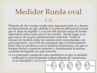 
Dispone de dos ruedas ovales que engranan entre sí y tienen
un movimiento de giro debido a la presión diferencial creada
por el flujo de líquido. La acción del líquido actúa de forma
alternativa sobre cada una de las ruedas, dando lugar a un
giro suave de un par prácticamente constante. Tanto la
cámara de medida como las ruedas están mecanizadas con
gran precisión, con el fin de conseguir que el deslizamiento
entre ellas se produzca con el mínimo rozamiento, sin que se
formen bolsas o espacios muertos y desplazando la misma
cantidad de líquido en cada rotación.
 La principal ventaja de estos medidores es que la medida
realizada es prácticamente independiente de variaciones
en la densidad y en la viscosidad del líquido.
Medidor Rueda oval
 