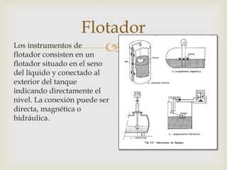 Los instrumentos de
flotador consisten en un
flotador situado en el seno
del líquido y conectado al
exterior del tanque
indicando directamente el
nivel. La conexión puede ser
directa, magnética o
hidráulica.
Flotador
 