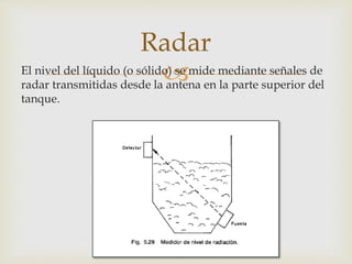 El nivel del líquido (o sólido) se mide mediante señales de
radar transmitidas desde la antena en la parte superior del
tanque.
Radar
 