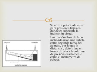
Se utiliza principalmente
para presiones bajas en
donde es suficiente la
indicación visual.
Los manómetros de tubo
inclinado usan una cubeta
como segunda rama del
aparato, por lo que la
distancia y determina en
forma directa a la columna
de presión, exactamente
como el manómetro de
cubeta.
 