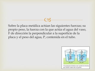 
Sobre la placa metálica actúan las siguientes fuerzas; su
propio peso, la fuerza con la que actúa el agua del vaso,
F de dirección la perpendicular a la superficie de la
placa y el peso del agua, P, contenida en el tubo.
 