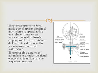 
El sistema se proyecta de tal
modo que, al aplicar presión, el
movimiento se aproximada a
una relación lineal en un
intervalo de medida lo más
amplio posible con un mínimo
de histéresis y de desviación
permanente en cero del
instrumento.
El material de diagrama es
normalmente aleación de níquel
o inconel x. Se utiliza para las
pequeñas presiones.
 