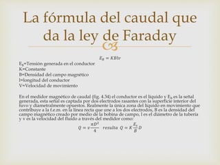 
𝐸 𝐵 = 𝐾𝐵𝑙𝑣
EB=Tensión generada en el conductor
K=Constante
B=Densidad del campo magnético
l=longitud del conductor
V=Velocidad de movimiento
En el medidor magnético de caudal (fig. 4.34) el conductor es el líquido y EB es la señal
generada, esta señal es captada por dos electrodos rasantes con la superficie interior del
tuvo y diametralmente opuestos. Realmente la única zona del líquido en movimiento que
contribuye a la f.e.m. en la línea recta que une a los dos electrodos, B es la densidad del
campo magnético creado por medio de la bobina de campo, l es el diámetro de la tubería
y v es la velocidad del fluido a través del medidor como:
𝑄 = 𝑣
𝜋𝐷2
4
𝑟𝑒𝑠𝑢𝑙𝑡𝑎 𝑄 = 𝐾
𝐸𝑠
𝐵
𝐷
La fórmula del caudal que
da la ley de Faraday
 