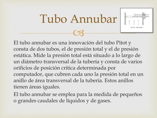 
El tubo annubar es una innovación del tubo Pitot y
consta de dos tubos, el de presión total y el de presión
estática. Mide la presión total está situado a lo largo de
un diámetro transversal de la tubería y consta de varios
orificios de posición crítica determinada por
computador, que cubren cada uno la presión total en un
anillo de área transversal de la tubería. Estos anillos
tienen áreas iguales.
El tubo annubar se emplea para la medida de pequeños
o grandes caudales de líquidos y de gases.
Tubo Annubar
 