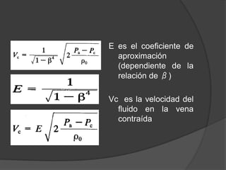 E es el coeficiente de
aproximación
(dependiente de la
relación de β)
Vc es la velocidad del
fluido en la vena
contraída
 