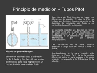Principio de medición – Tubos Pitot
Modelo de puerto Múltiple
El detector atraviesa todo el diámetro
de la tubería y las hendiduras están
distribuidas para que representen un
promedio de la velocidad del fluido.
Los tubos de Pitot también se basan en
diferencias de presión. El tubo de Pitot se
instala en tuberías transversalmente a la
dirección de circulación del fluido o en
conductos de sección rectangular.
El elemento medidor, un detector en forma
de varilla, tiene una o varias hendiduras en
la parte anterior y en la parte posterior,
conectadas a un transmisor de presiones
diferenciales por dos canales
independientes.
Las hendiduras en la parte anterior
registran la carga total de presión ( Pdin +
Pestat).
Las hendiduras en la parte posterior sólo
detectan la Pestat. En lo tanto, la presión
diferencial entre la parte anterior y la parte
posterior corresponde a la Pdinámica de la
tubería.
 