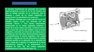 El principio fundamental de operación del medidor
electromagnético se basa en la ley de Faraday, que
dice: el voltaje inducido en un conductor, que se
desplaza a través de un campo magnético, es
proporcional a la velocidad de ese conductor.
Dos bobinas, colocadas una a cada lado del cuerpo del
medidor (Figura 12.55), son excitadas por una
corriente alterna u otra fuente intermitente,
produciendo así un campo magnético uniforme, a
través de la parte interna del tubo. Conforme pasa el
agua a través del cuerpo del medidor, corta el campo
magnético, sufriendo una inducción de voltaje que es
percibida por dos electrodos diametralmente opuestos
y perpendiculares al campo magnético. Este voltaje
inducido y captado por los dos electrodos es medido,
haciendo posible así la obtención de la velocidad del
agua a través de la relación; la magnitud de la fuerza
electromotriz inducida, E, es proporcional a la
densidad de flujo, (B), del campo magnético,
multiplicado por la velocidad del agua, (v).
MEDIDOR ELECTROMAGNETICO
 