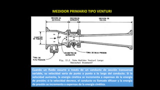 MEDIDOR PRIMARIO TIPO VENTURI
Cuando un fluido escurre a través de un conducto de sección transversal
variable, su velocidad varía de punto a punto a lo largo del conducto. Si la
velocidad aumenta, la energía cinética se incrementa a expensas de la energía
de presión; si la velocidad decrece, el conducto es llamado difusor y la energía
de presión se incrementa a expensas de la energía cinética.
 