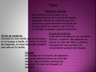 Tipos
Medición directa
Son aquellos que se basan en la
medición directa de la altura de líquido.
Se pueden dividir en aquellos que son
mecánicos y generalmente manuales de
los que basan la medición del nivel en
un flotador acoplado a equipo eléctrico.
Varilla de medición
Consiste en una varilla que se introduce
en el tanque a medir. Al retirar la varilla
del depósito, el nivel alcanzado quedará
marcado en la varilla.
Cristal de medición
A dos llaves situadas en los extremos
inferior y superior del depósito se
coloca un tubo de vidrio o plástico
transparente que permite ver
visualmente la altura del líquido.
Flotador
Un flotador en el interior del depósito
marca permanentemente el nivel del
líquido. Hay múltiples maneras de
transmitir el nivel del flotador al
operario.
 