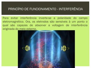 PRINCÍPIO DE FUNCIONAMENTO - INTERFERÊNCIA

Para evitar interferência inverte-se a polaridade do campo
eletromagnético. Ora, os eletrodos são sensíveis à um ponto o
qual são capazes de absorver a voltagem de interferência
originada do meio externo.
 