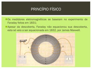 PRINCÍPIO FÍSICO

Os medidores eletromagnéticos se baseiam no experimento de
 Faraday feitos em 1831;
Apesar da descoberta, Faraday não equacionou sua descoberta,
 esta só veio a ser equacionada em 1832, por James Maxwell.
 