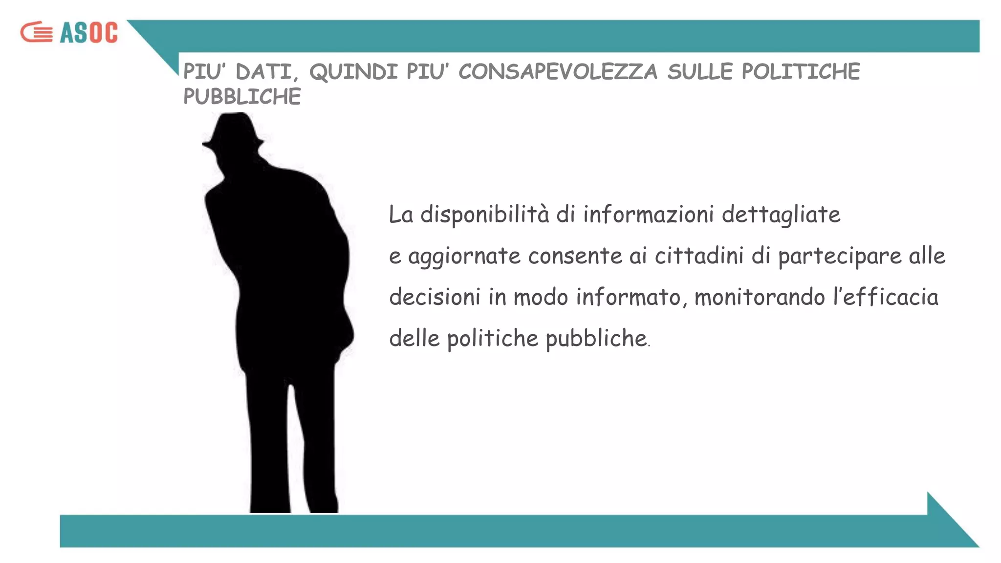 PIU’ DATI, QUINDI PIU’ CONSAPEVOLEZZA SULLE POLITICHE
PUBBLICHE
La disponibilità di informazioni dettagliate
e aggiornate consente ai cittadini di partecipare alle
decisioni in modo informato, monitorando l’efficacia
delle politiche pubbliche.
 