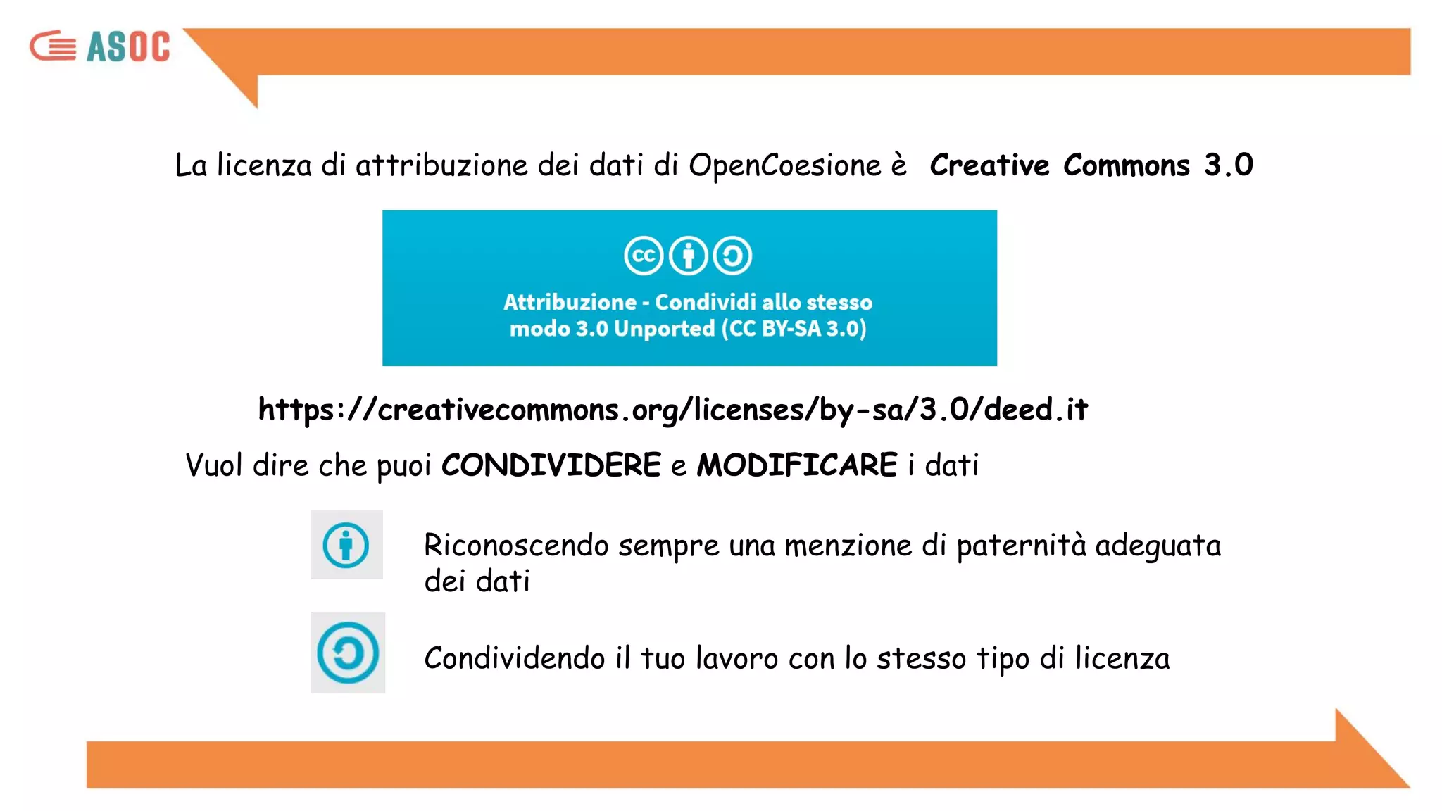 La licenza di attribuzione dei dati di OpenCoesione è Creative Commons 3.0
Vuol dire che puoi CONDIVIDERE e MODIFICARE i dati
Condividendo il tuo lavoro con lo stesso tipo di licenza
Riconoscendo sempre una menzione di paternità adeguata
dei dati
https://creativecommons.org/licenses/by-sa/3.0/deed.it
 
