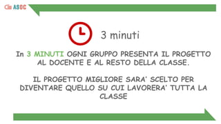 3 minuti
In 3 MINUTI OGNI GRUPPO PRESENTA IL PROGETTO
AL DOCENTE E AL RESTO DELLA CLASSE.
IL PROGETTO MIGLIORE SARA’ SCELTO PER
DIVENTARE QUELLO SU CUI LAVORERA’ TUTTA LA
CLASSE
 