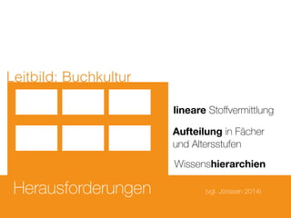 Herausforderungen
lineare Stoﬀvermittlung
Leitbild: Buchkultur
Aufteilung in Fächer
und Altersstufen
Wissenshierarchien
(vgl. Jörissen 2014)
 