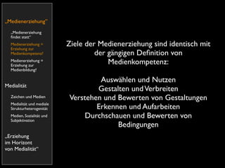 „Medienerziehung”
  „Medienerziehung
  ﬁndet statt“
  Medienerziehung =        Ziele der Medienerziehung sind identisch mit
  Erziehung zur
  Medienkompetenz?                  der gängigen Deﬁnition von
  Medienerziehung =
  Erziehung zur
                                        Medienkompetenz:
  Medienbildung?

                                    Auswählen und Nutzen
Medialität
                                   Gestalten und Verbreiten
  Zeichen und Medien       Verstehen und Bewerten von Gestaltungen
  Medialität und mediale
  Strukturheterogenität            Erkennen und Aufarbeiten
  Medien, Sozialität und
  Subjektivation
                                Durchschauen und Bewerten von
                                         Bedingungen
„Erziehung
im Horizont
von Medialität“
 